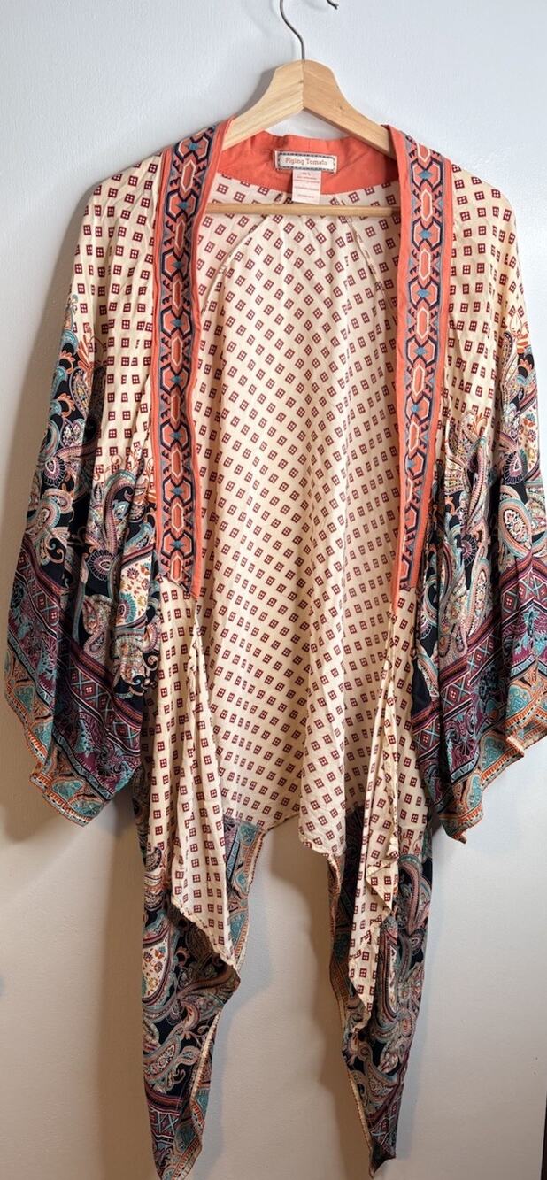 Jealous Tomato Boho Kimono Cover Up Women's Orange Cream Embroidered M/L